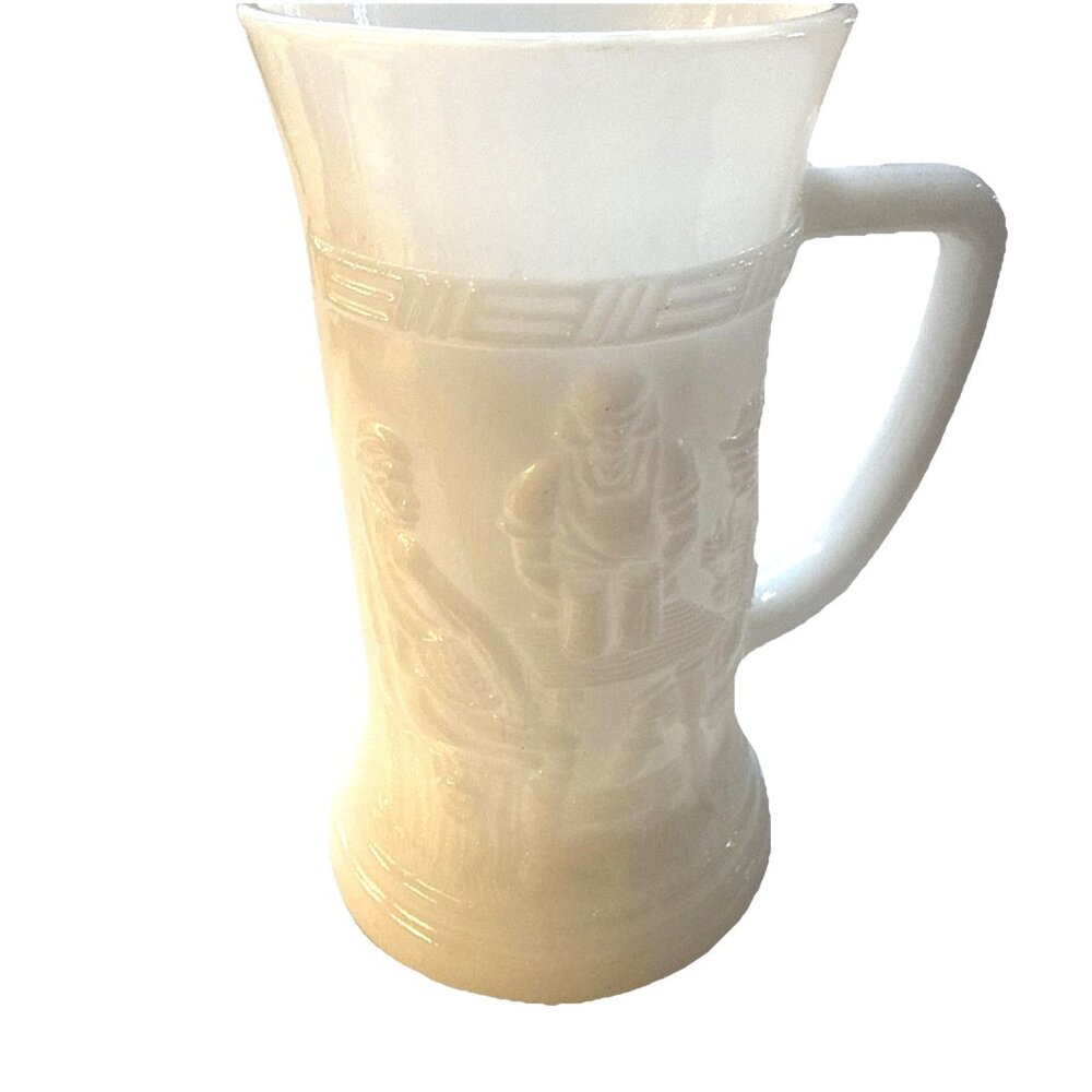 White Federal Milk Glass Vintage Stein Beer Mug Embossed Tavern Bar Pub Scene - Picture 2 of 8